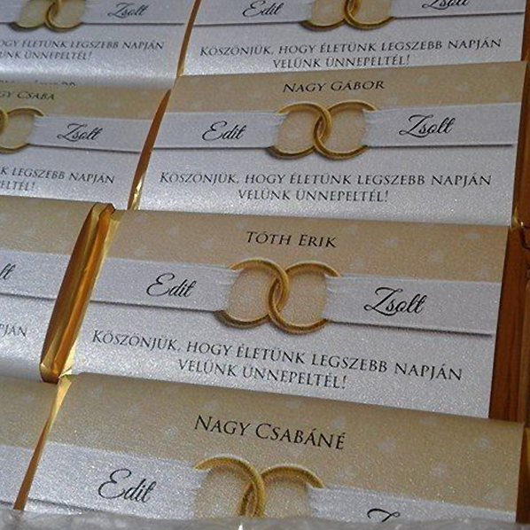Diabetikus ültetőkártya és csoki egyben ajándék köszönet csoki csokoládé esküvőre | Diabetikus ültetős gyűrűs szalagos köszönetcsokoládé