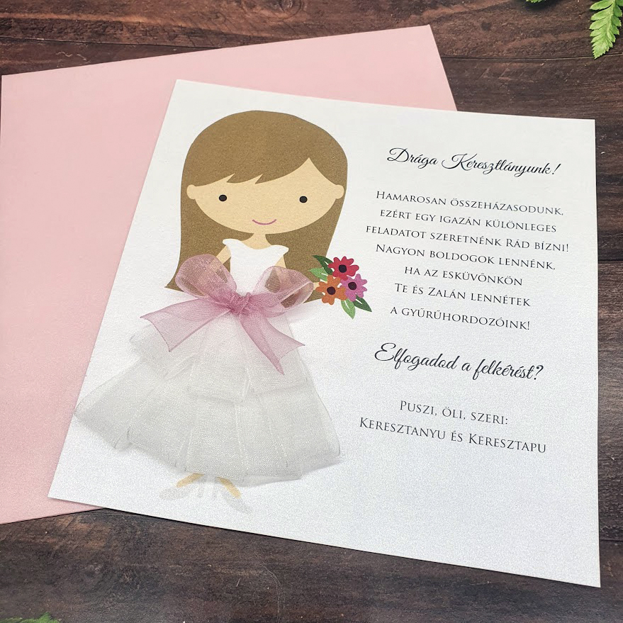 Kislány gyerek női tanú és koszorúslány felkérő meghívó testvér képeslap egyedi különleges ajándék esküvőre | Kimberly gyermek koszorúslány virágszóró felkérő