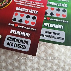 Egyedi kaparós sorsjegy férfi és női tanú és koszorúslány felkérő, örömapa és örömanya személyre szabott ajándék meghívó felkérő esküvőre poker és casino 2