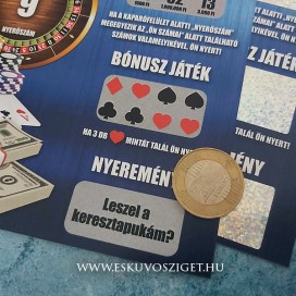 Egyedi kaparós sorsjegy férfi és női tanú és koszorúslány felkérő, örömapa és örömanya személyre szabott ajándék meghívó felkérő esküvőre poker és casino 2