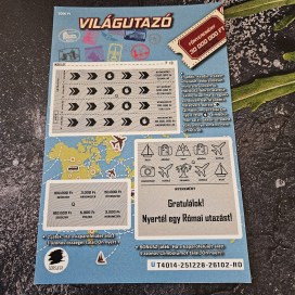 VILÁGUTAZÓ valósághű egyedi kaparós sorsjegy ajándék főleg utazási ajándék átadásara, személyre szabható egyedi üzenettel. Minden korosztálynak tökéletes.
