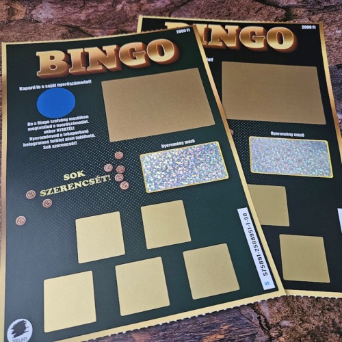 Bingo típusú kétoldalas perforált egyedi kaparós sorsjegy nyerőszám mezővel és választható extra lekaparható körökkel – kreatív meglepetés utazás ajándék