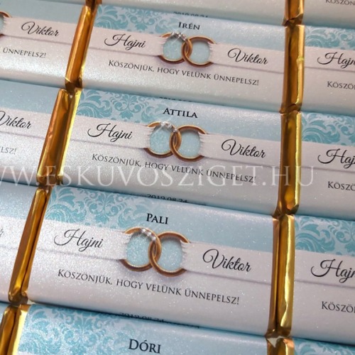Egyedi mintájú mini táblás minőségi köszönetcsokoládé és ültetőkártya egyben vendégnevekkel