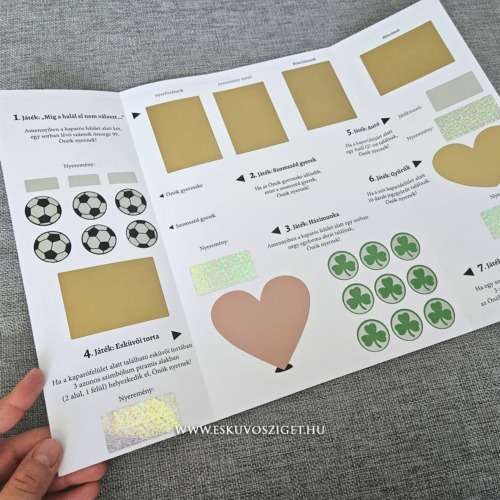 XXL óriás méretű A3-as egyedi kaparós sorsjegy többféle lekaparható játékmezővel és választható prémium grafikával – kreatív ballagási és esküvői pénzátadó