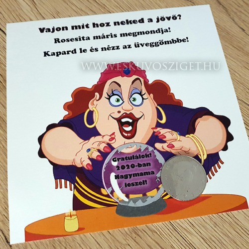 Jósnős és mágikus üveggömb típusú egyedi kaparós sorsjegy csillogó lekaparható felülettel – kreatív családi baba bejelentő és babaváró ajándék
