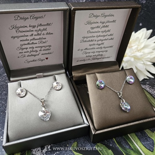 Swarovski és Preciosa kristály fülbevaló és nyaklánc szett egyedileg feliratozott luxus díszdobozban