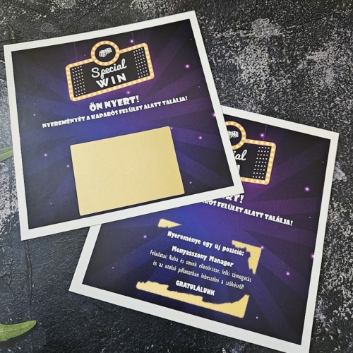 Special WIN típusú prémium négyzetes egyedi kaparós sorsjegy választható szív alakú vagy téglalap alakú arany lekaparható felülettel – elegáns esküvői felkérő kártya