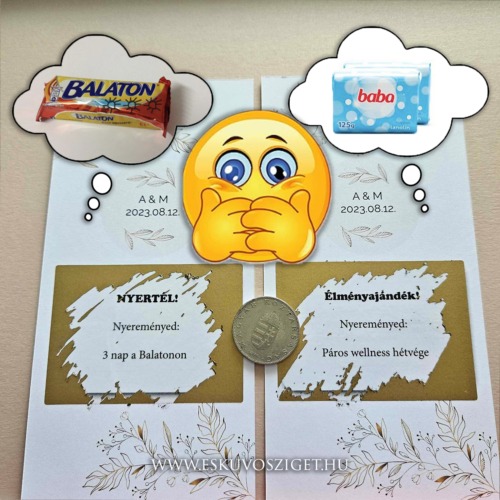 Esküvői tombola sorsjegy szelvények egyedi lekaparható felülettel és saját vicces nyeremény szövegekkel – interaktív esküvői program vendégeknek