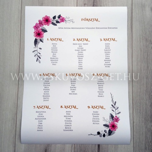 A/2 méretű nyomtatott esküvői ültetési rend egyedi virágos grafikával és ingyenes szerkesztéssel