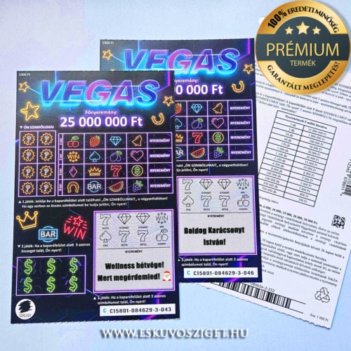 Vegas típusú kétoldalas perforált egyedi kaparós sorsjegy grafikás lekaparható réteggel és ellenőrző kódokkal – kreatív baba bejelentő ötlet nagyszülőknek
